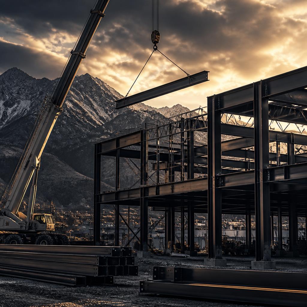Steel-frame commercial build under construction with crane and mountain ridge backdrop