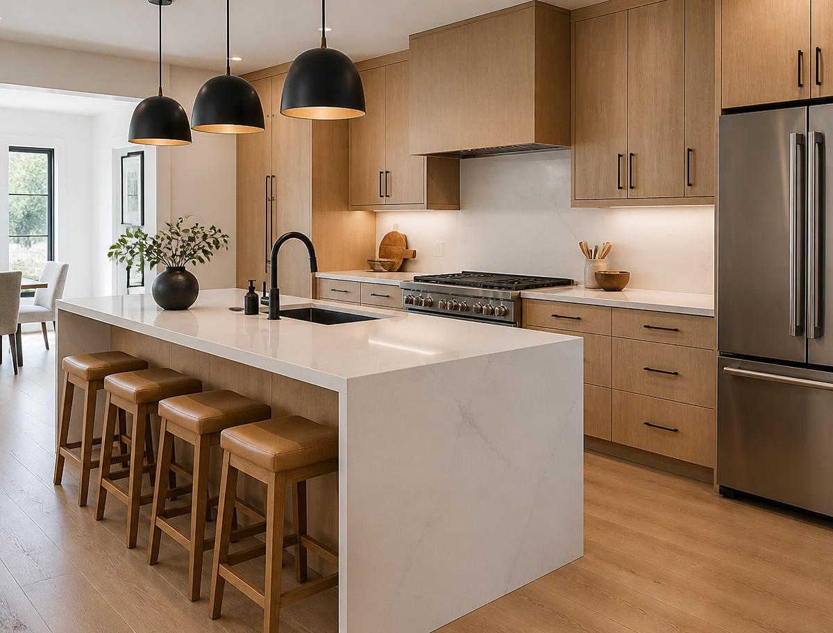 Remodeled kitchen with white oak cabinets and quartz waterfall island
