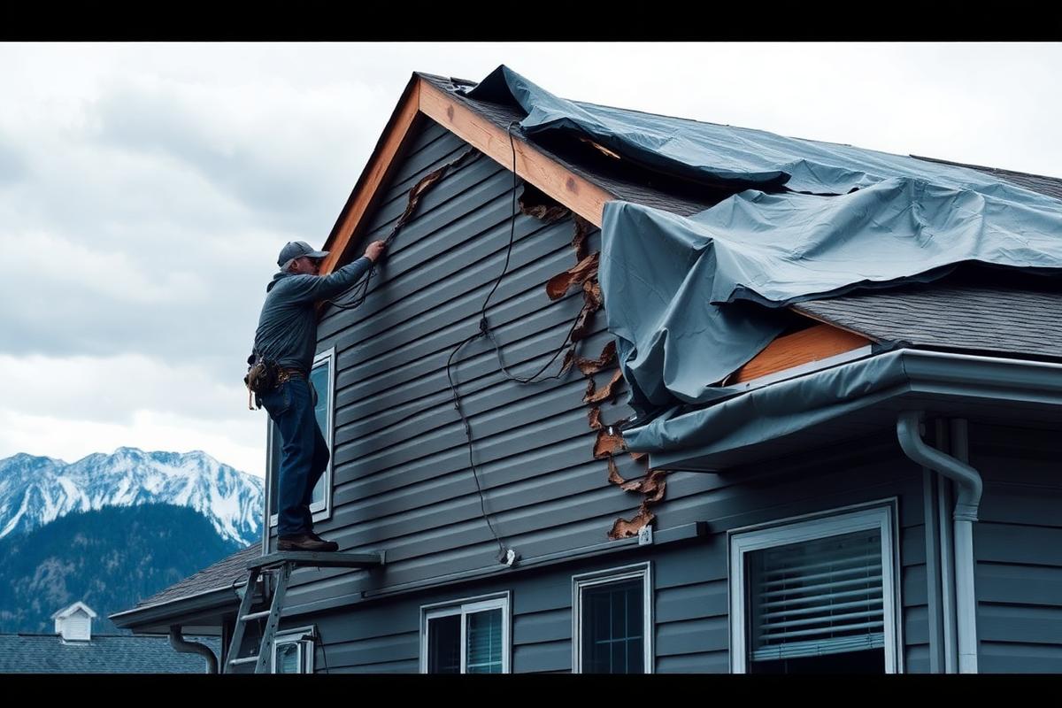 Contractor repairing storm-damaged siding and tarping a roof after weather damage