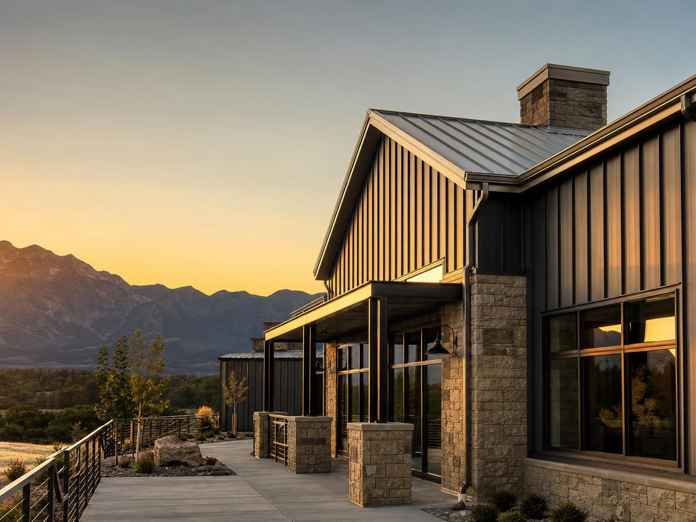 A clean, completed Canyon Ridge construction project glowing at golden hour in Northern Utah
